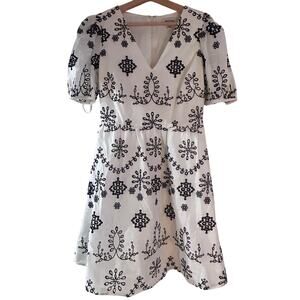 Kensie White Navy Embroidered Eyelet Dress Puff Sleeve Fit Flare 4